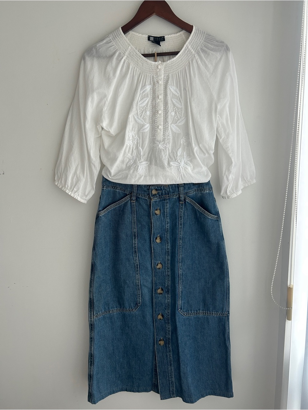Massimo Dutti White Embroidered Blouse with Mid-Blue Denim Midi Skirt